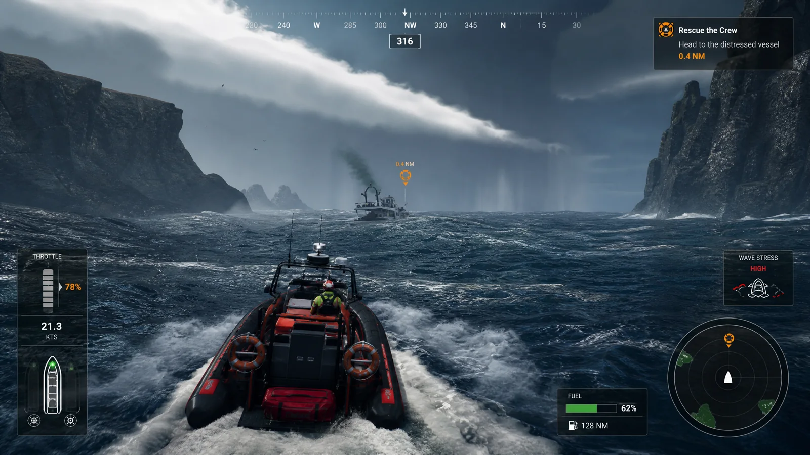 Rescue-boat gameplay on rough water between remote cliffs with heading, throttle, wave-stress and fuel HUD.