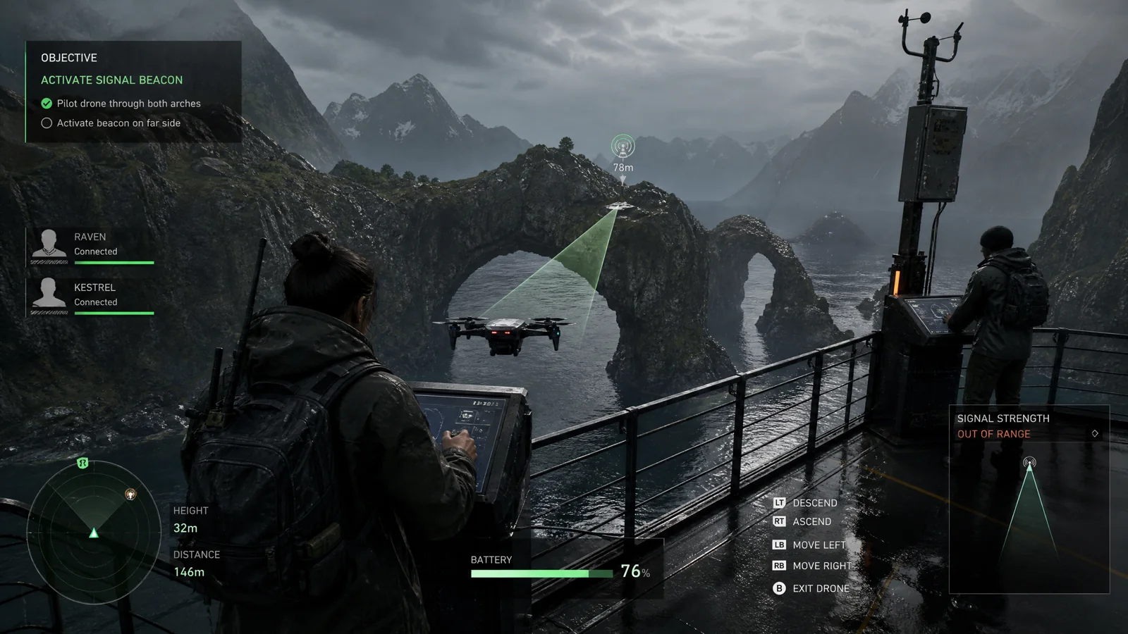 Co-operative fiord drone gameplay with battery, signal cone and teammate-status HUD.