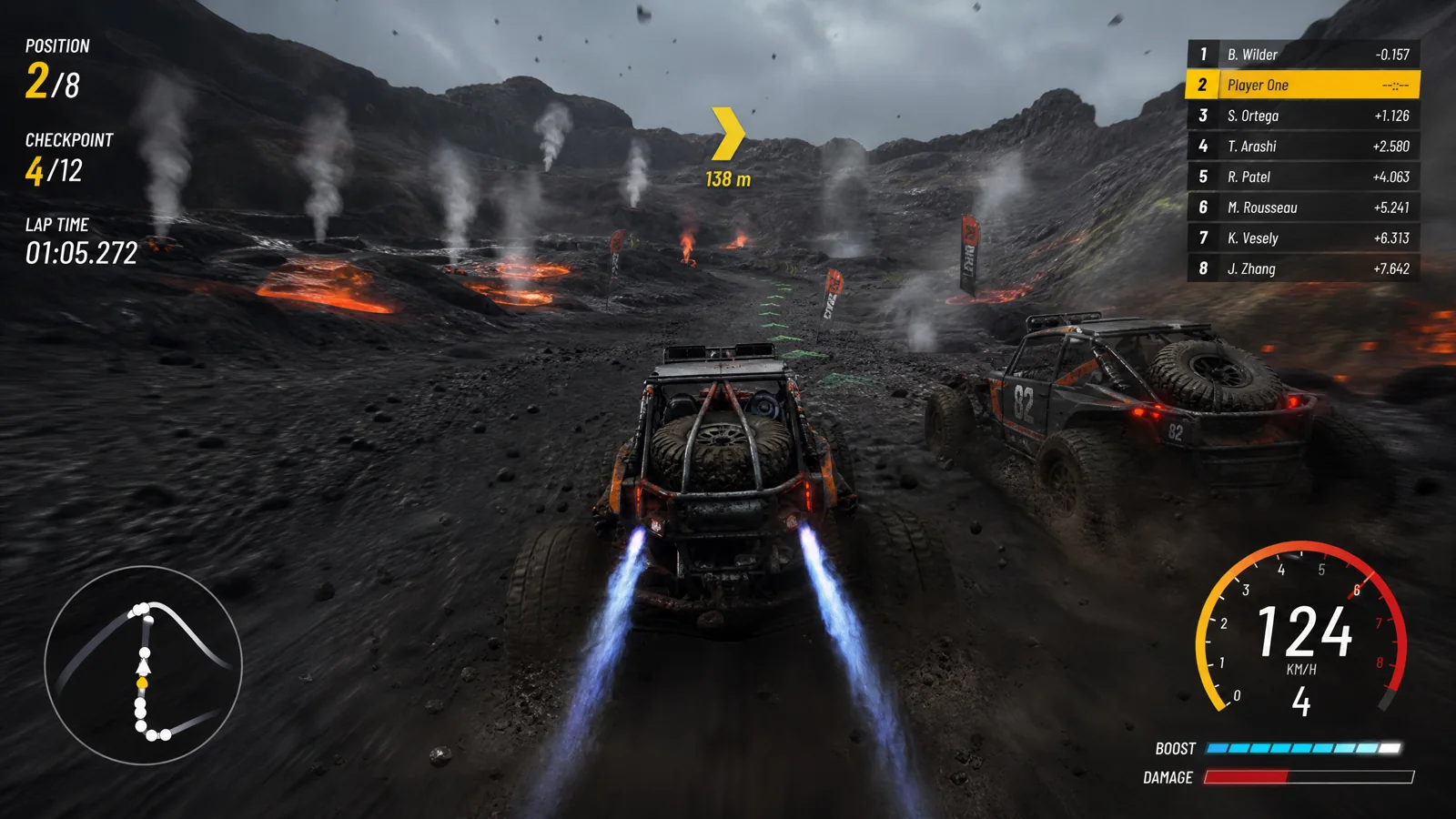 Off-road buggy rally gameplay on volcanic gravel with boost, checkpoint and damage HUD.