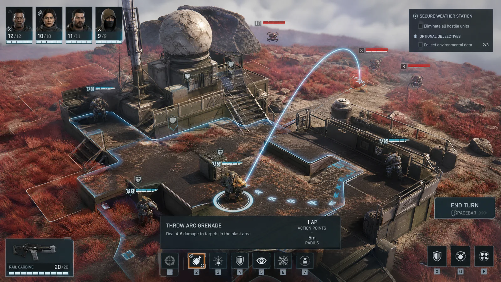 Isometric squad-tactics gameplay around a weather station with drones, movement tiles, cover and action-point HUD.