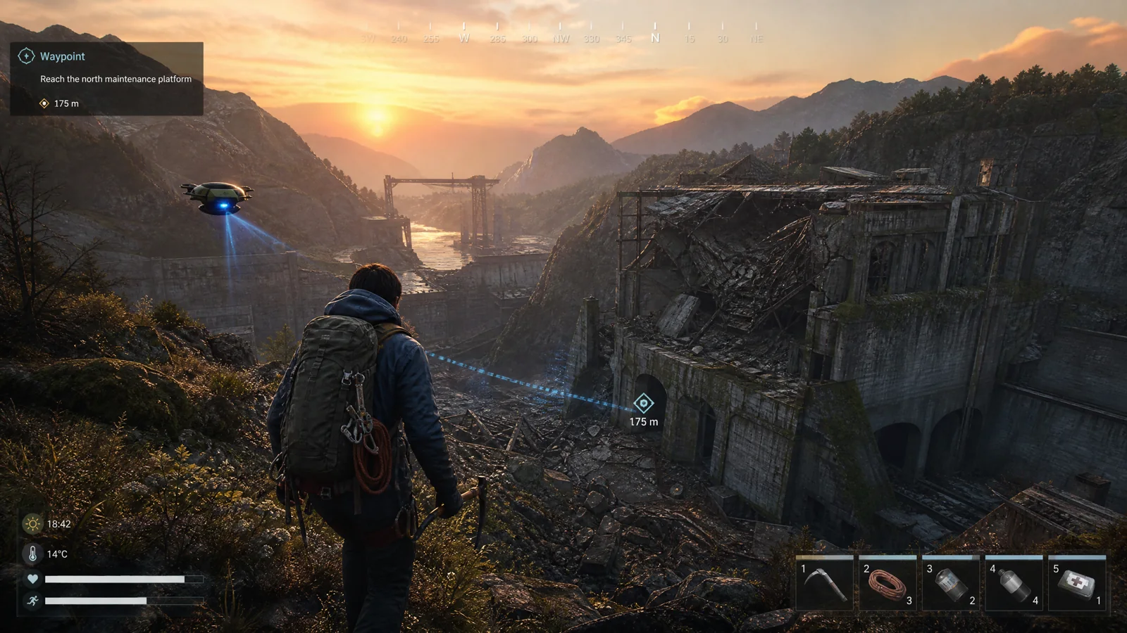 Third-person survival gameplay in an abandoned hydro valley with stamina, temperature, inventory and waypoint HUD.